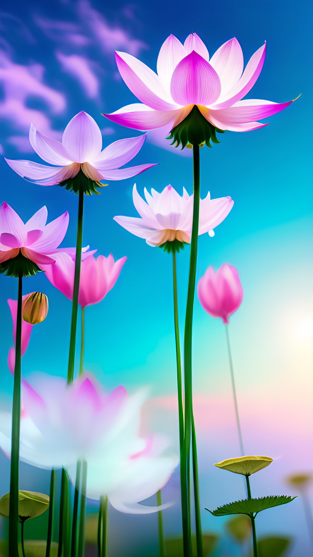 angelic lotus flowers floating in the heavens  - a serene scene of angelic lotus flowers effortlessly floating amidst a pastel pink and lilac colored sky, with soft, billowy clouds in the background." preview