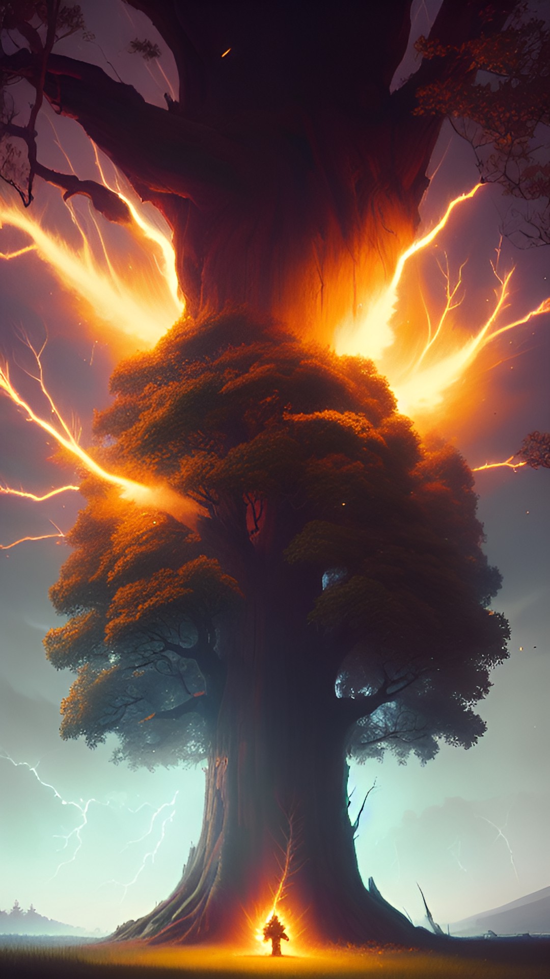 a tree being hit by a lightning strike filling it with sparks and the tree is cut in half preview