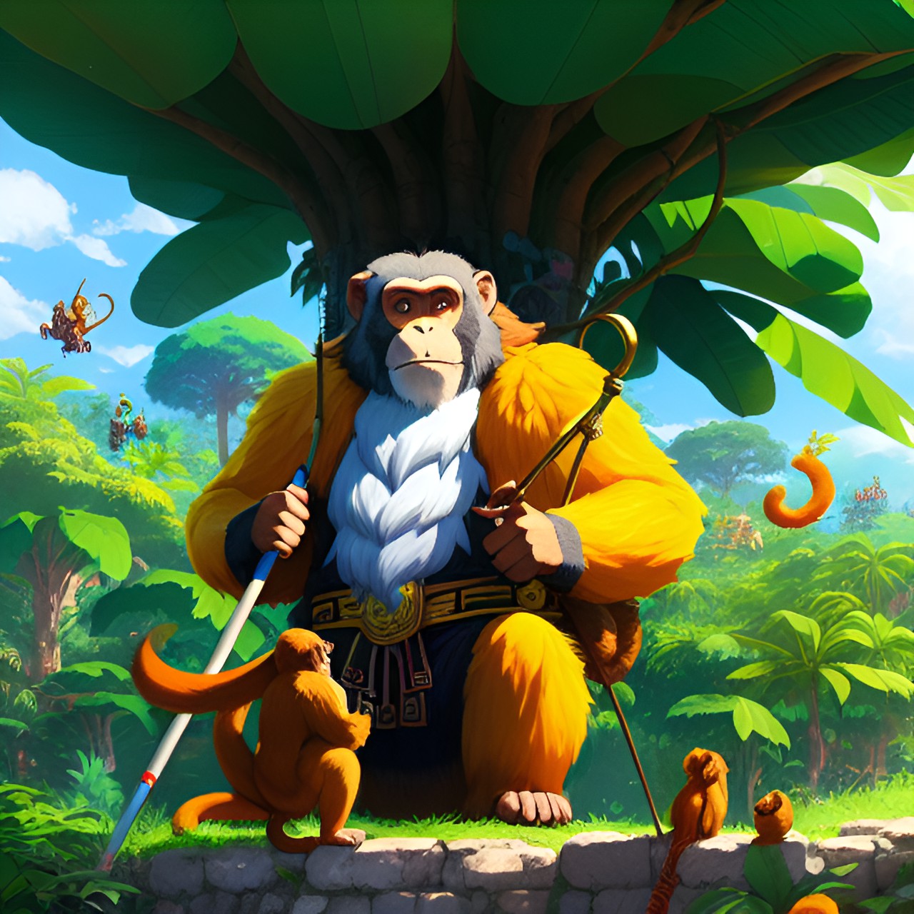 Monkey God - god of monkeys depicted in a magnificent mural, surrounded by banana trees and playful primates. his golden fur and mighty staff make him stand out. preview