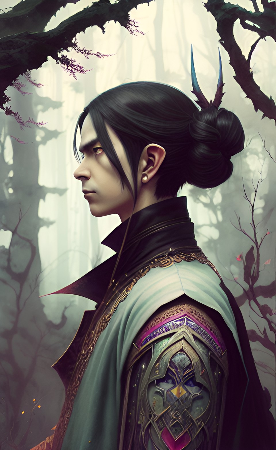 portrait of dark elf male, elven long ears, mystic, dramatic, storybook illustration, watercolor style, ultradetailed, intricate detail, in the style of hayao miyazaki, mamoru oshii, satoshi konkon preview