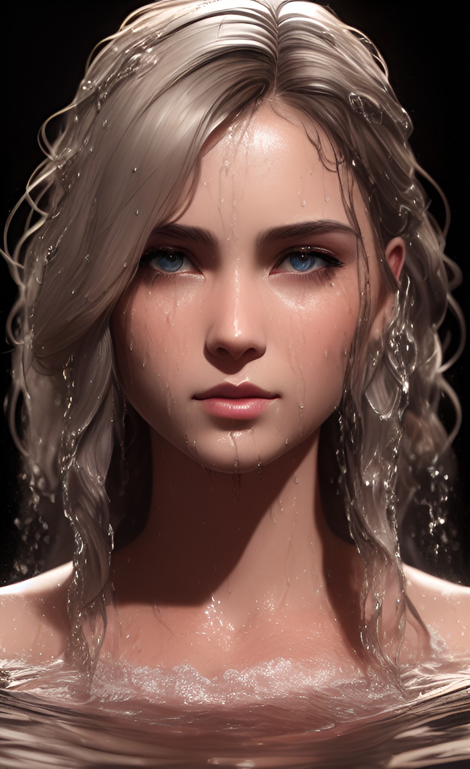 flood as wet woman, hair as water: hyperrealistic face, highly detailed, natural skin texture, rtx, pbr, hdr, pssm, intricate artwork masterpiece, soft cinematic light, global illumination preview