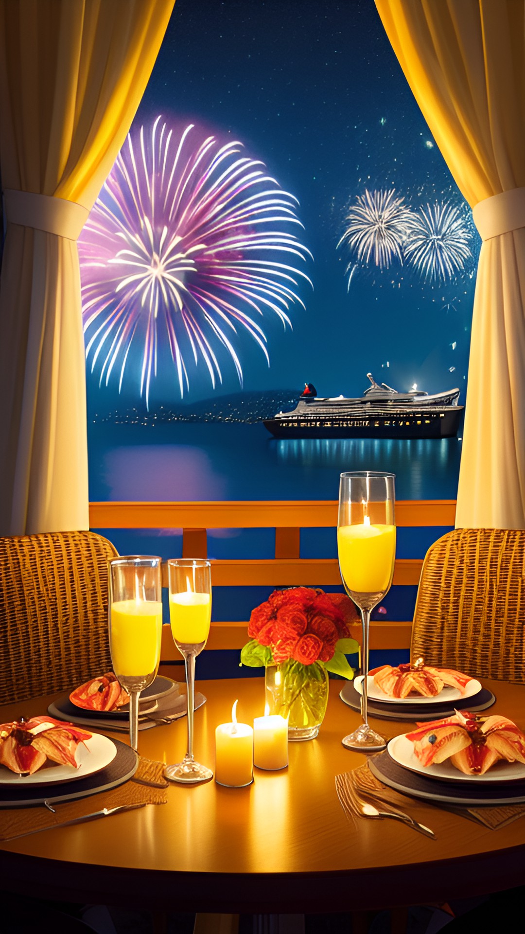 dos luciérnagas teniendo una cena romantica en un crucero en la noche con velas y flores, comiendo cangrejos y con fuegos artificiales preview