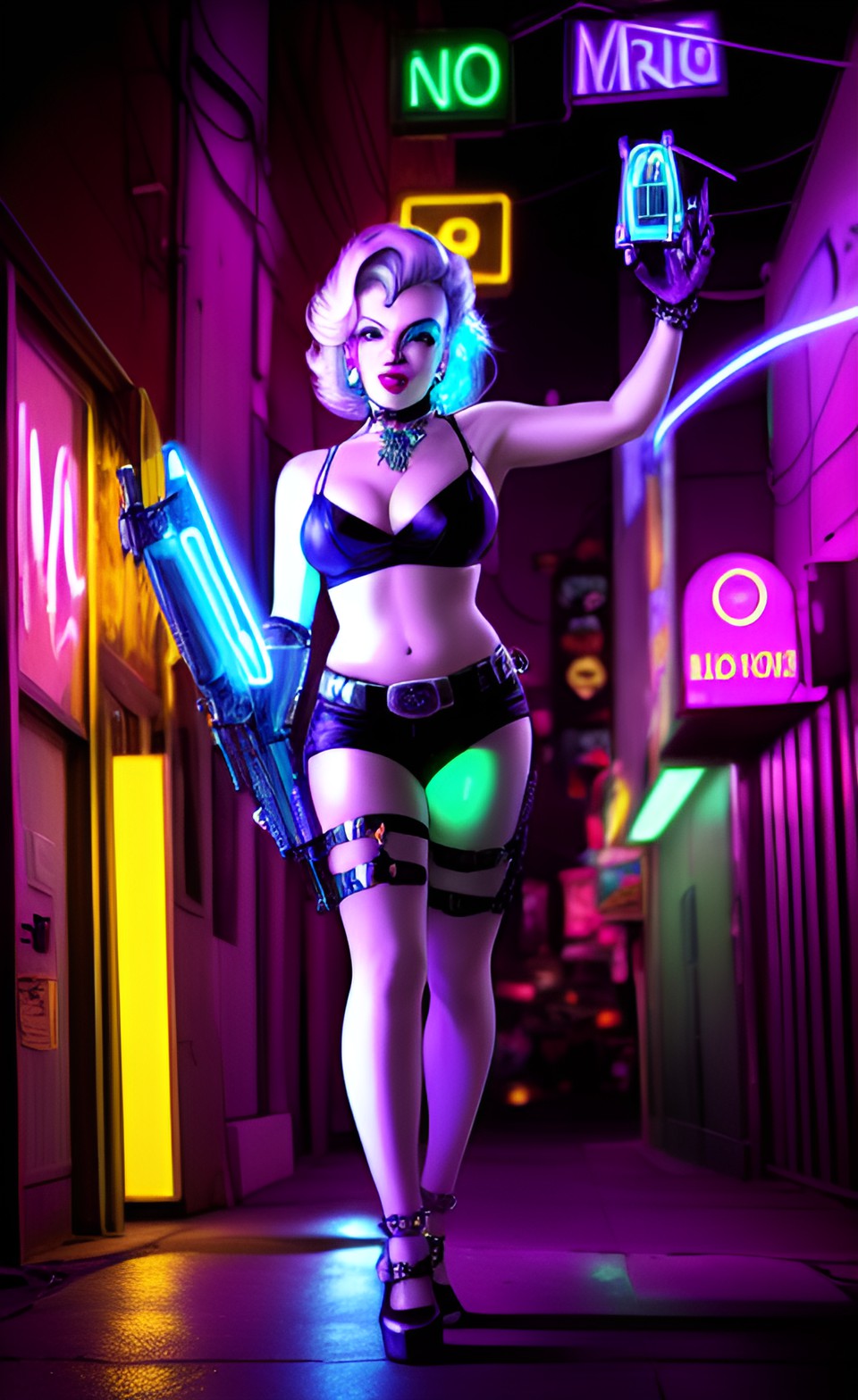 a marilyn monroe voodoo cyberpunk standing in a neon-lit alleyway, with silver hair, glowing blue eyes, and a robotic arm, holding a spellbook and a pistol." preview