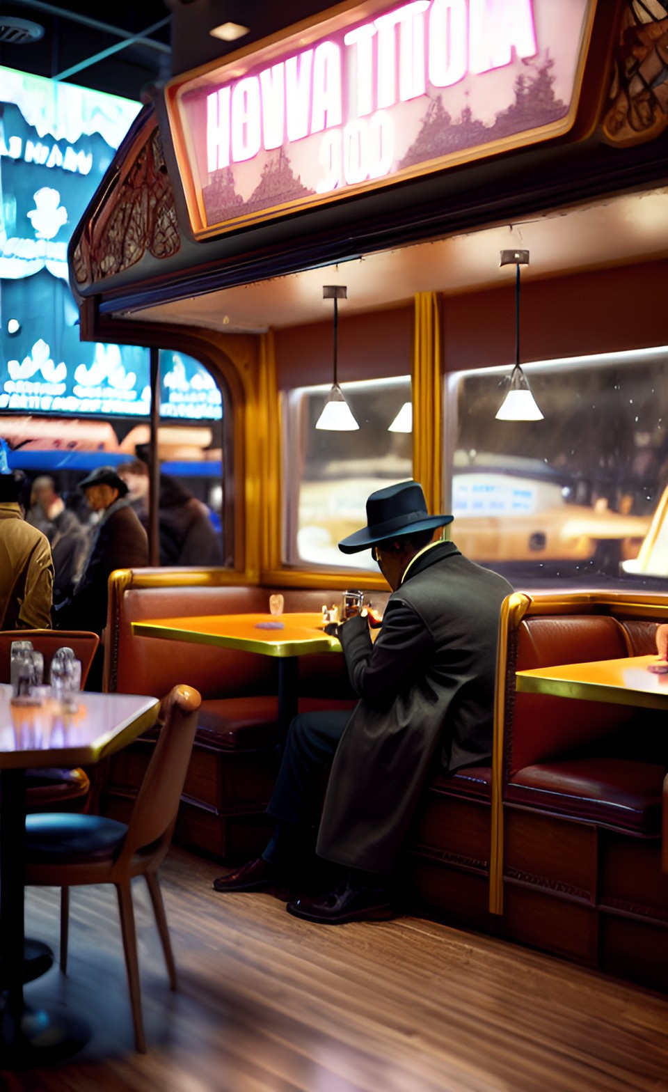 a mysterious shaded man in a brown trench coat wearing a fedora sitting at a booth table. he's at the end booth of a 1950's themed diner preview