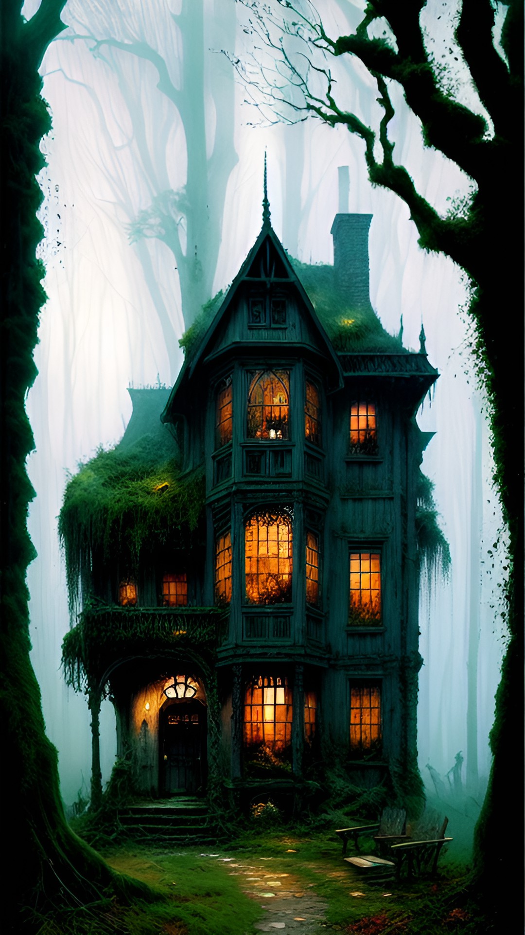 old gloomy house covered in moss and old wood preview