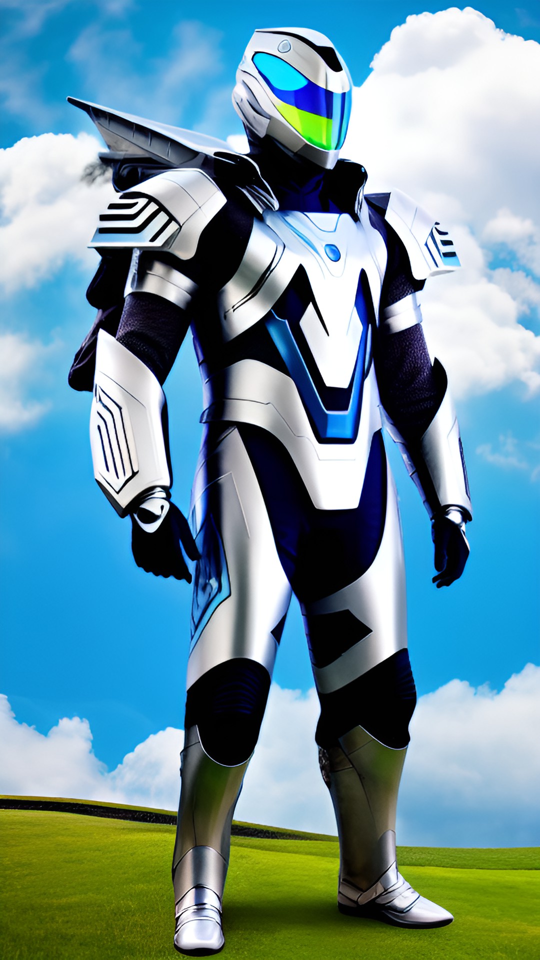 flying suit of futuristic armor with nature and clouds and town preview