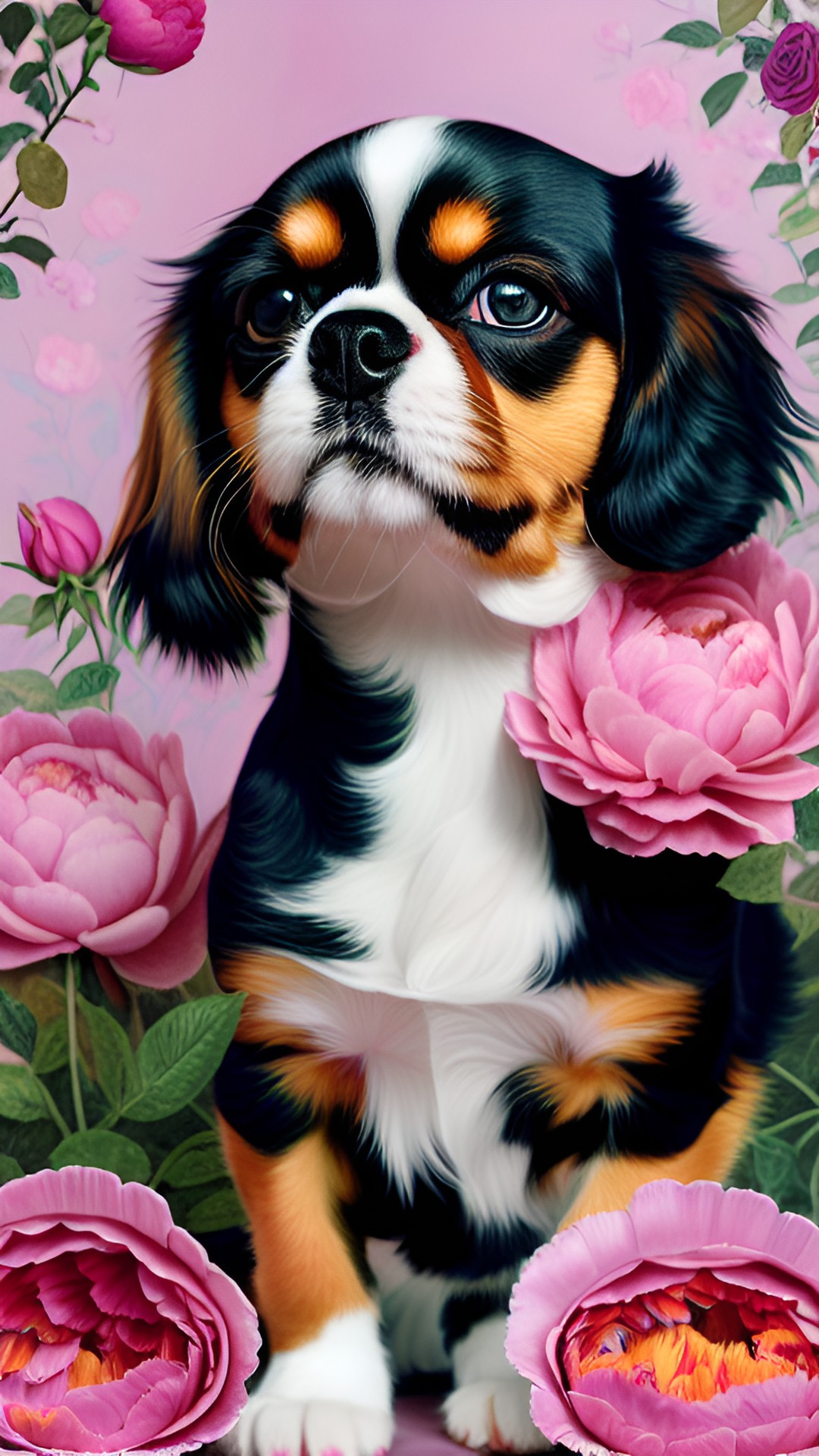 a cavalier king charles spaniel and a kitten surrounded with peonies and roses preview