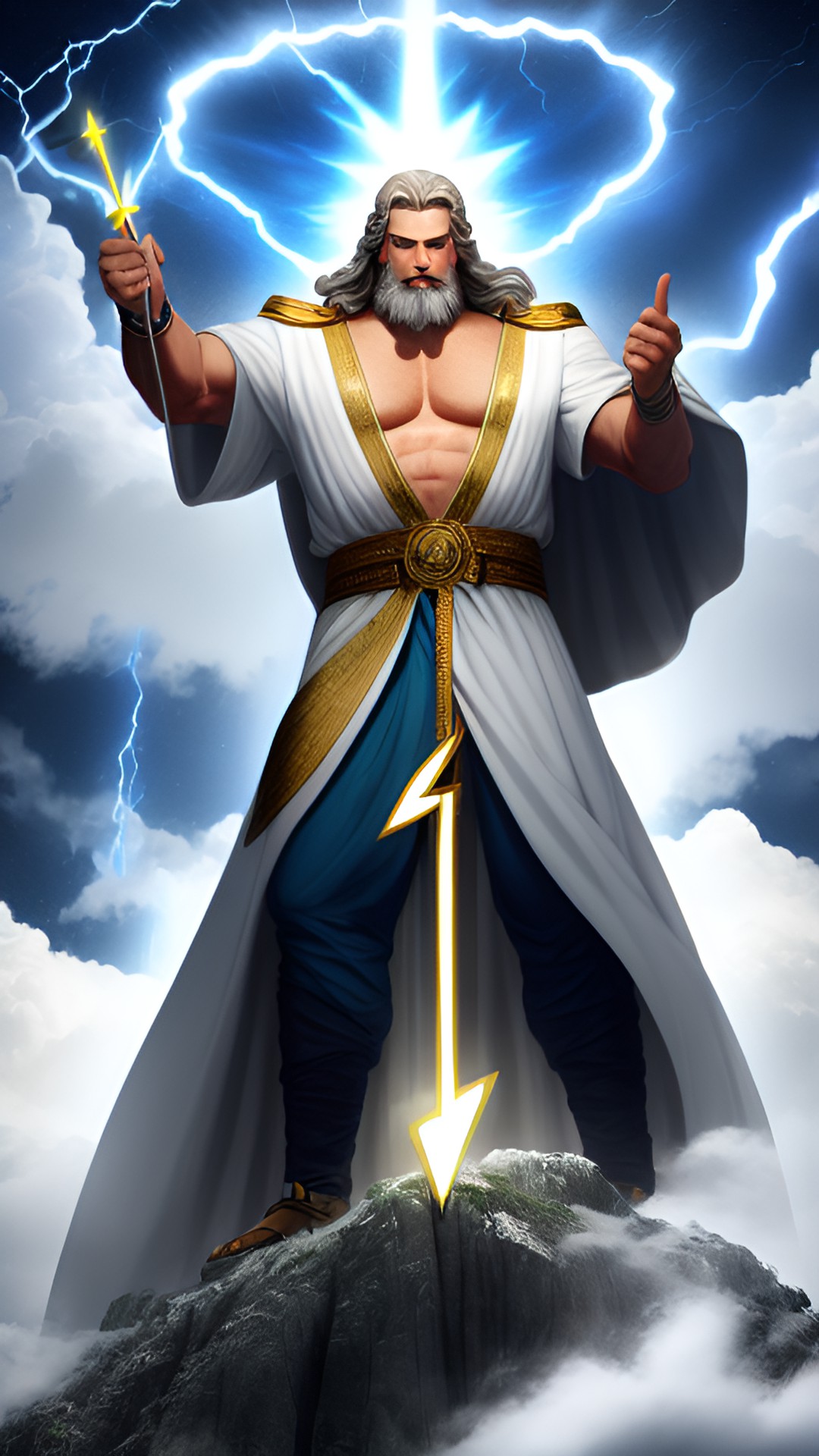 zeus holding his lightning bolt on a mountain wearing a white shining robe. preview