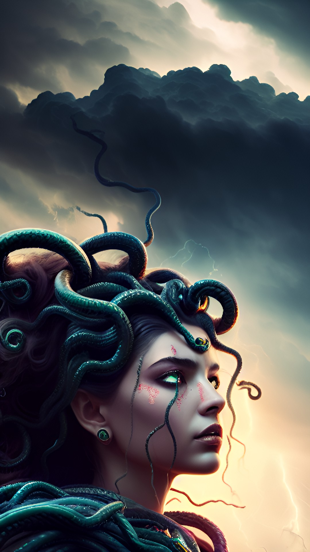 medusa surrounded by angry clouds and thunderstorms preview