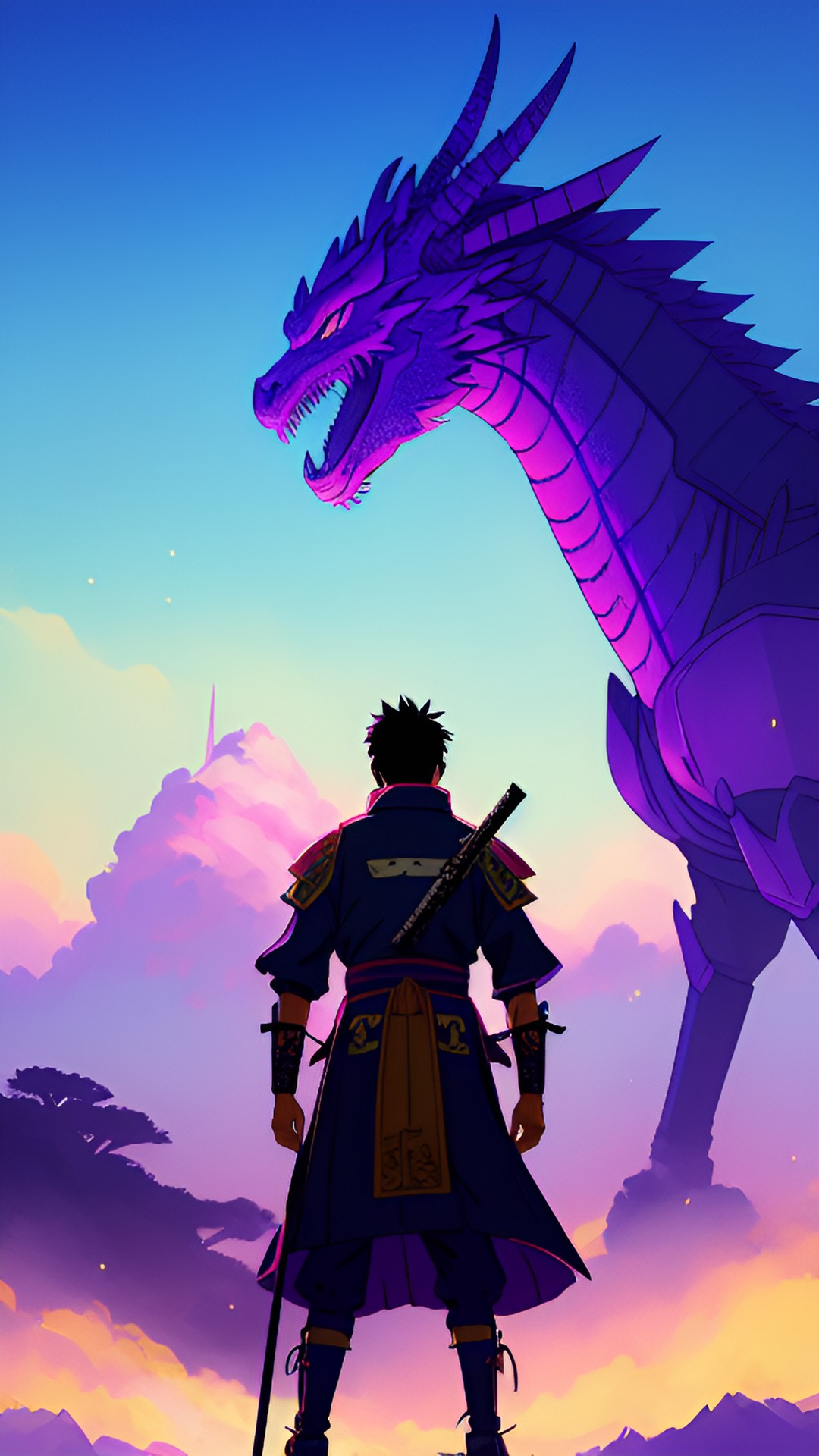 Ratai SAN - ￼ samurai from anime stories with full purple armour, and a dragon in the background preview