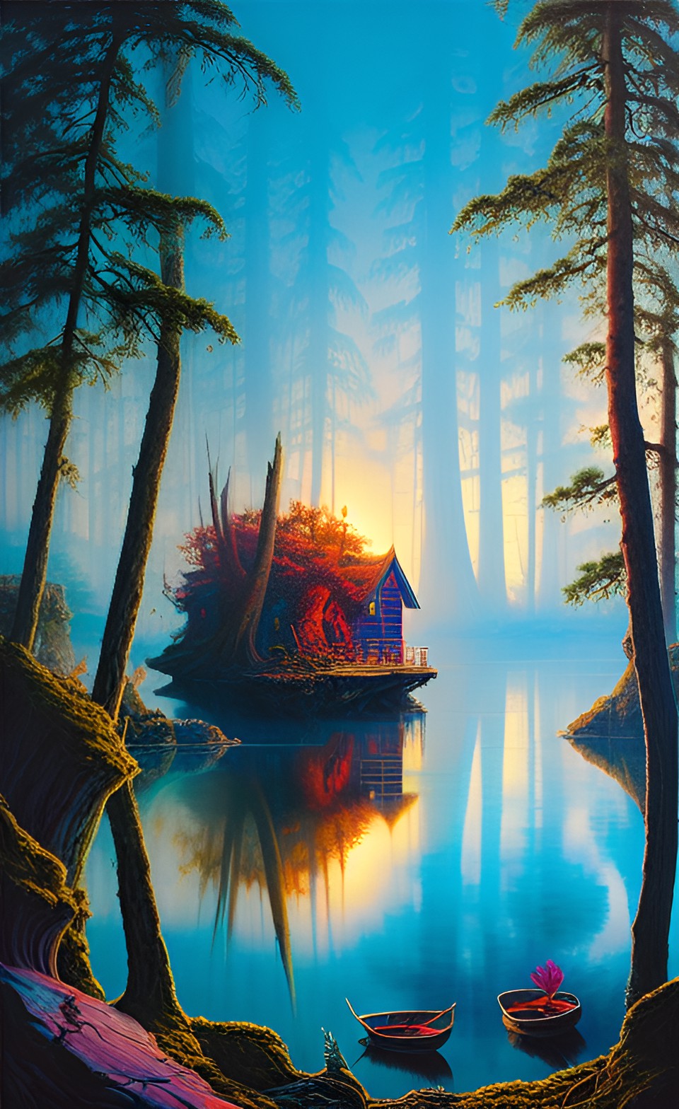 sunrise on a small lake in the forest surrounded by trees and rock formations, with mist rising over the water preview