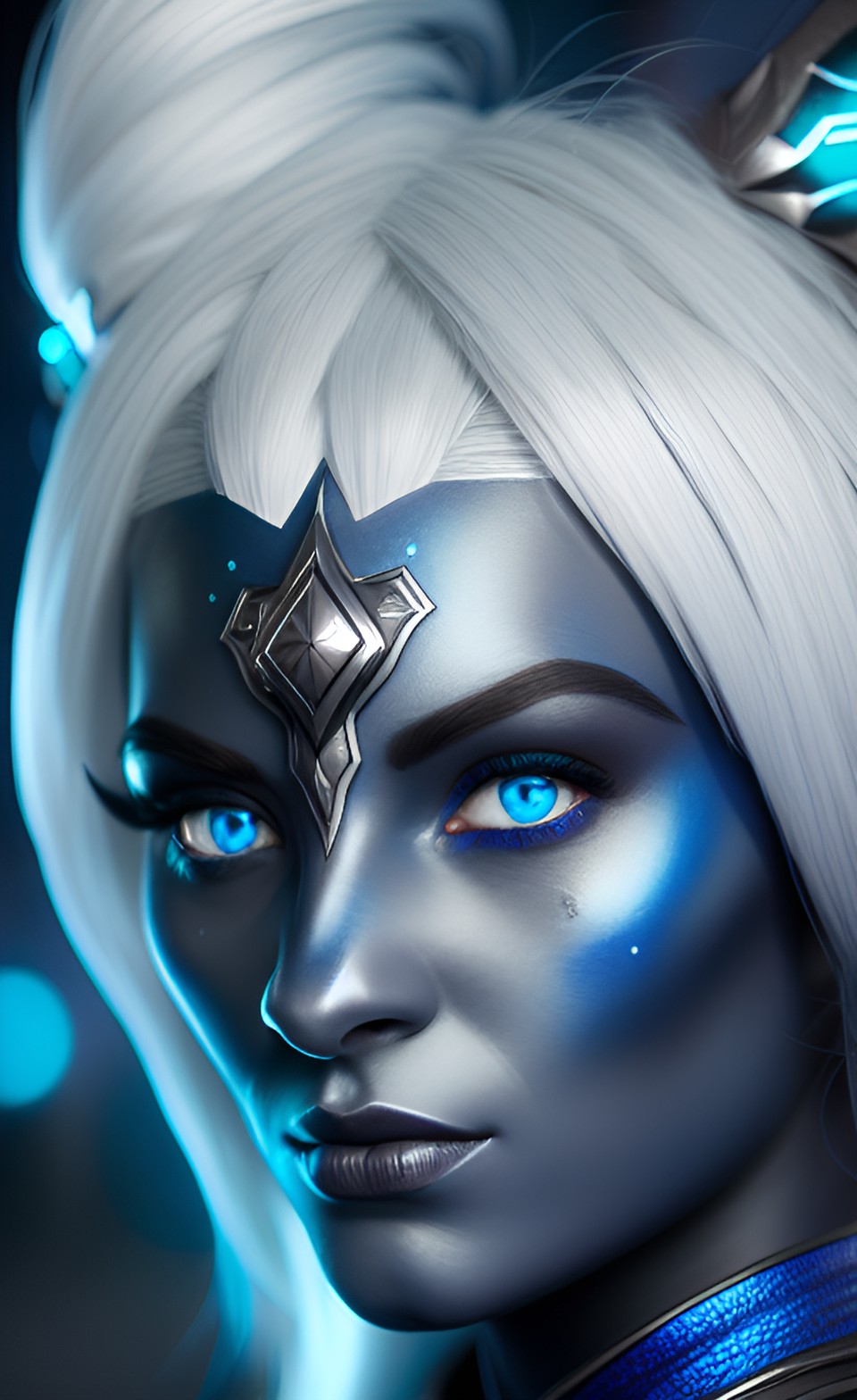 dark elf woman, grey-blue skin, bright blue eyes, silver hair, high textures preview