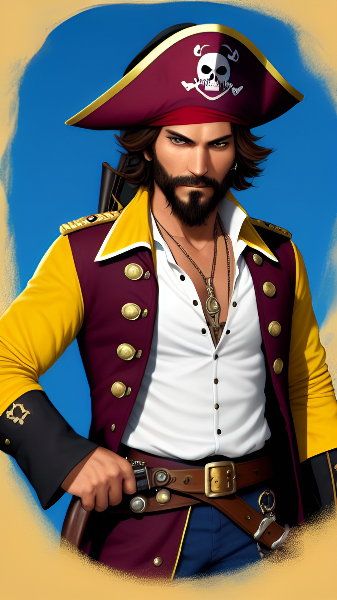 a pirate with a flintlock pistol - a swashbuckling pirate with a gleaming flintlock pistol in one hand and a glint in his eye. his rugged features are framed by a pirate hat and he wears a coat preview