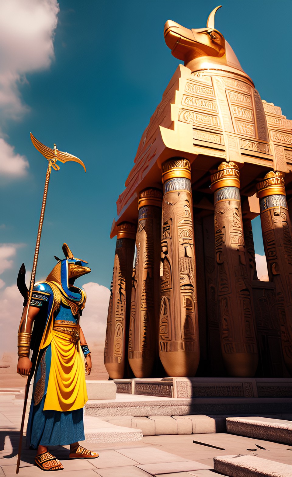 amun re , horus and anubis in a temple preview