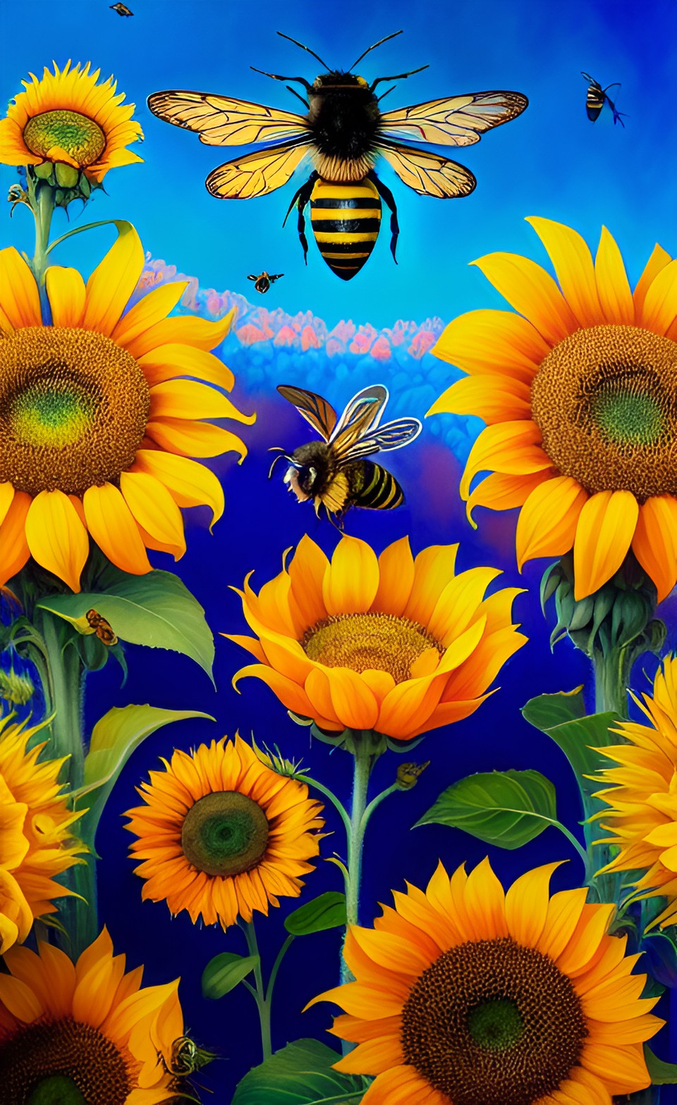 bees flying around sunflowers preview