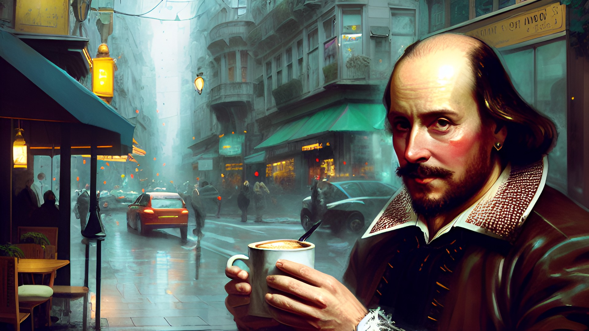 william shakespeare looking at camera, drinking cappuccino in a cafe preview