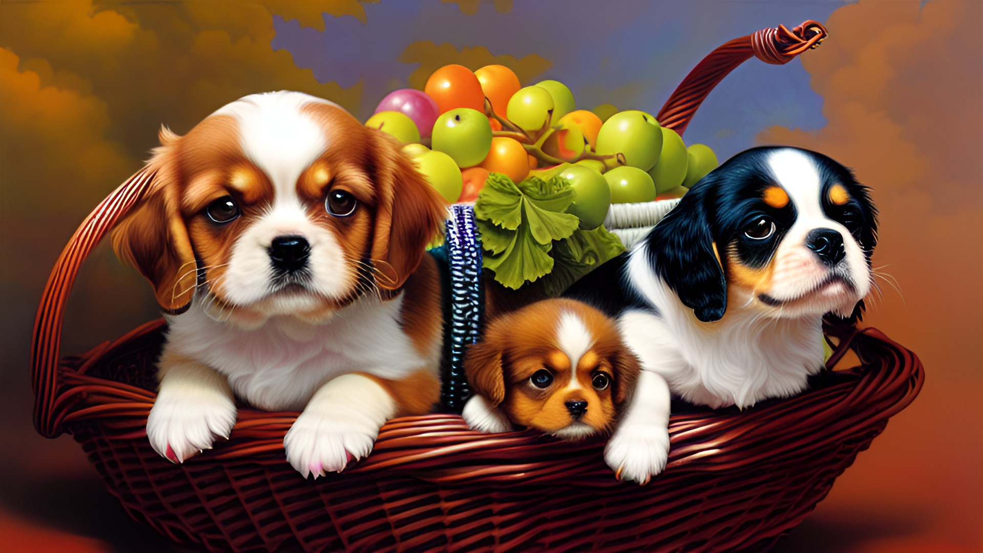 cavalier king charles and puppies with a basket of fruits preview