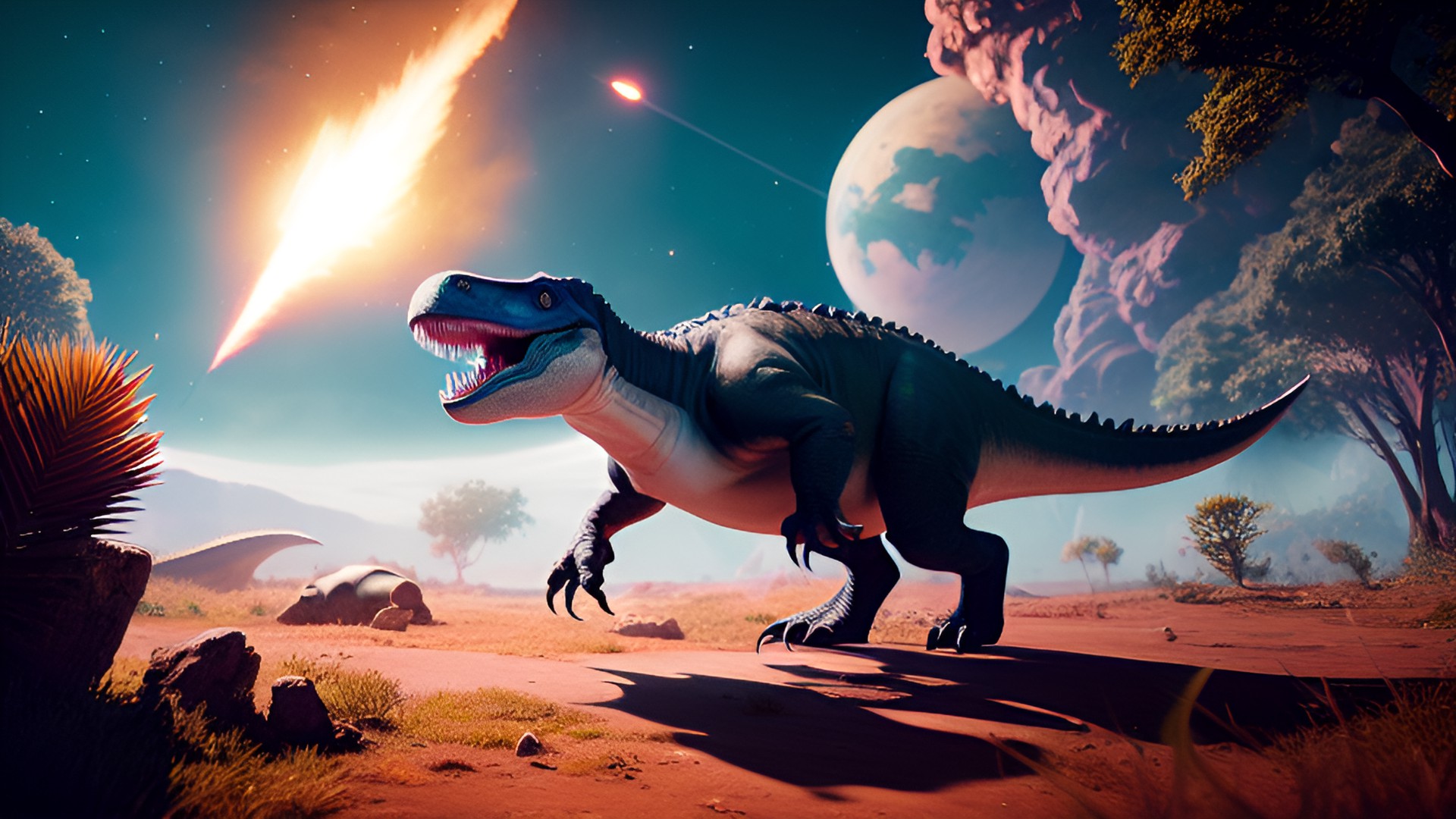 dinosaurs running away from a meteor falling from the sky preview