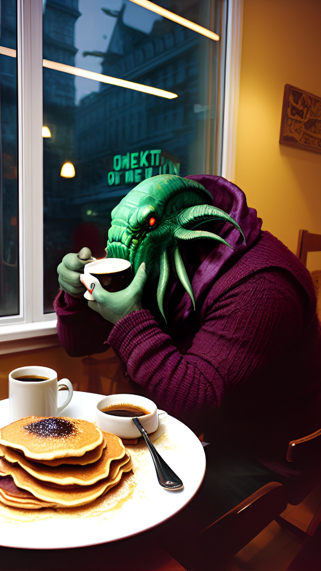 cthulhu eating pancakes and drinking coffee preview