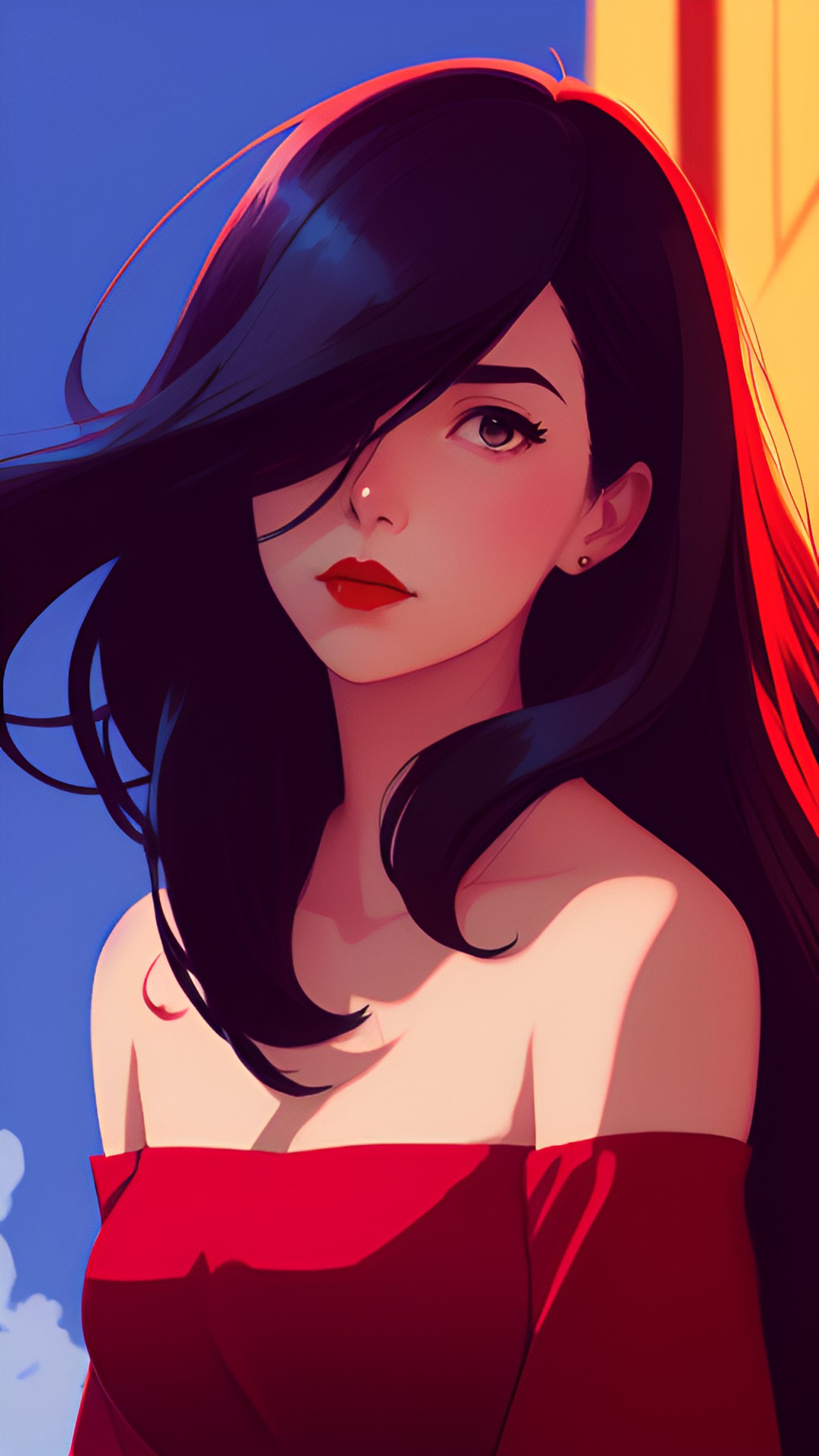 woman, long hair , red lips , off shoulder, looking at camera preview