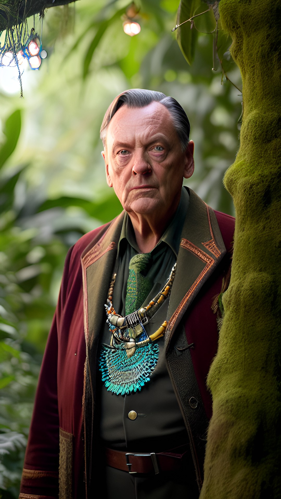 Gordon Hortner - denholm elliot as an old traveler in an alien jungle. he wears ceremonial fabrics and futuristic safari gear for his treks in the alien jungle. he is thin, sickly but determined preview