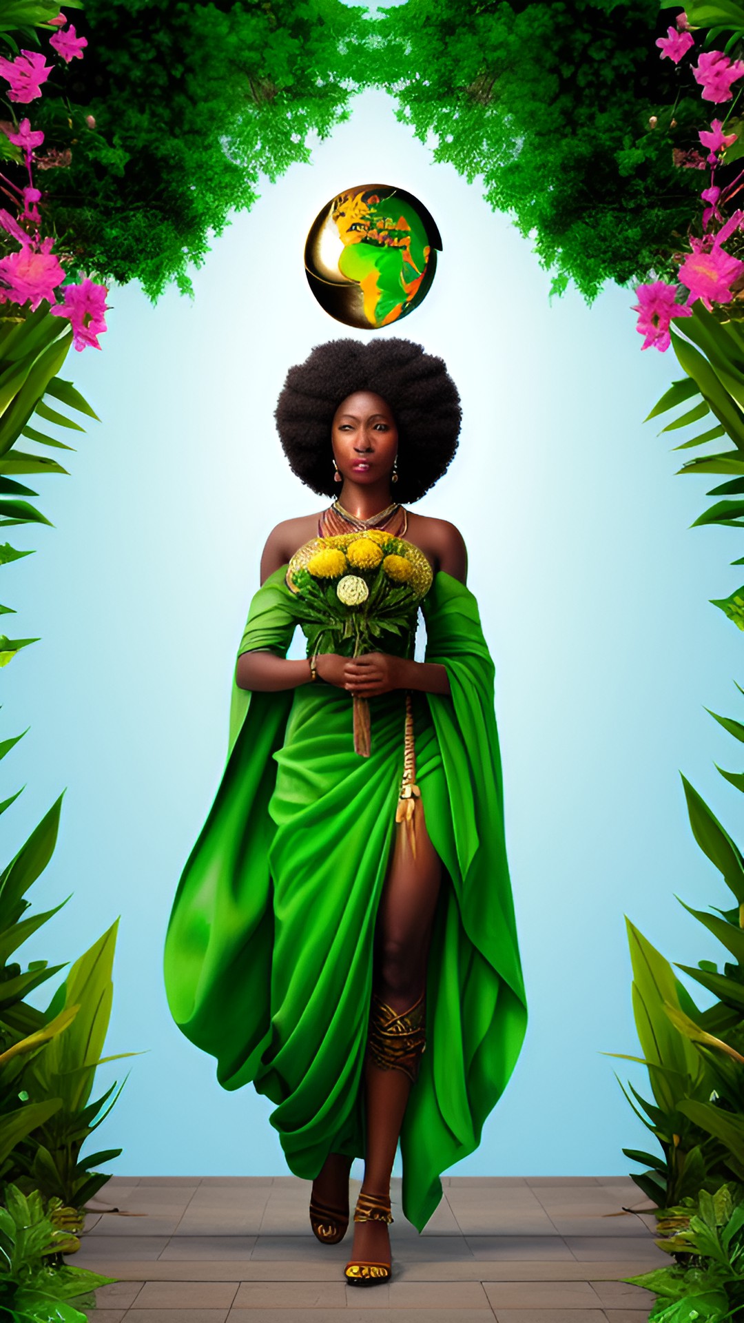 african goddess of earth with flowing green robes and intricate leaves as hair. she holds a globe in one hand, and flowers bloom with every step she takes. serene and majestic. she is muscular. preview