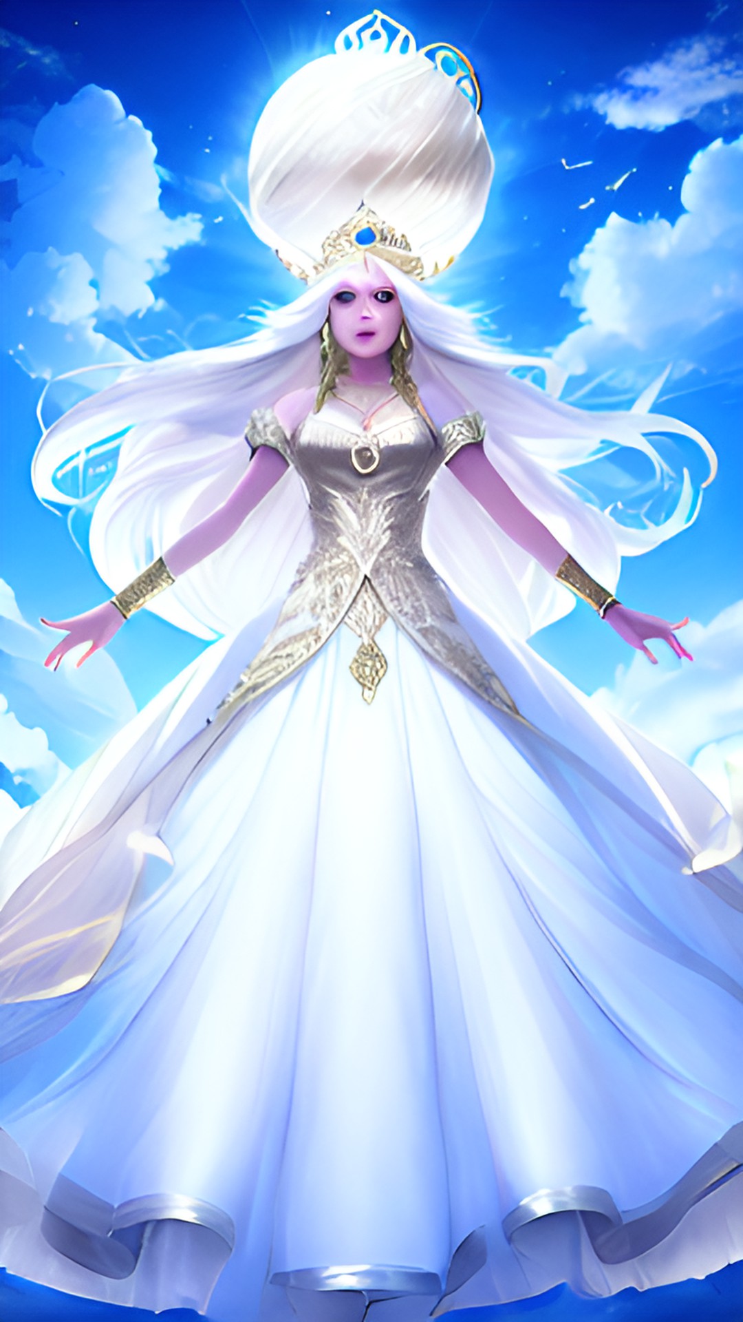 wind goddess with white long hair and golden ball gown and tiara in cloud preview