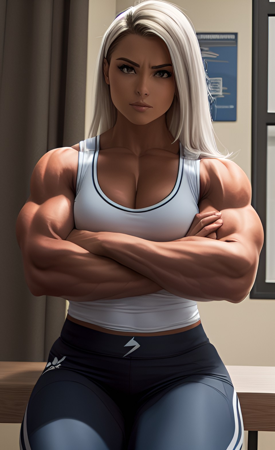 muscular woman sitting with her arms crossed preview