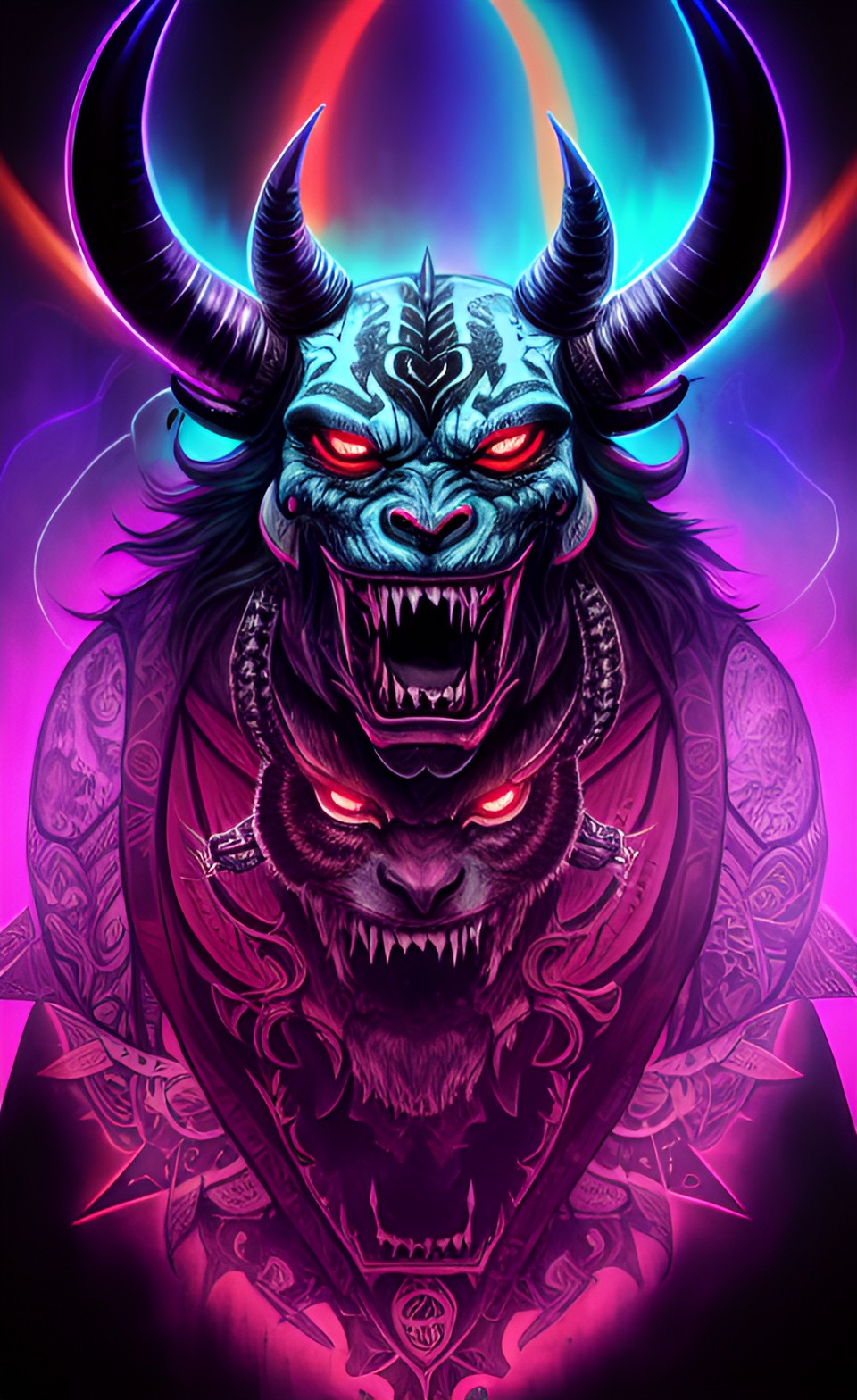 insane detailed portrait of  horrible demon  with horns and fangs,  humanoid parts with tattoos,  jacket, neon lights background preview