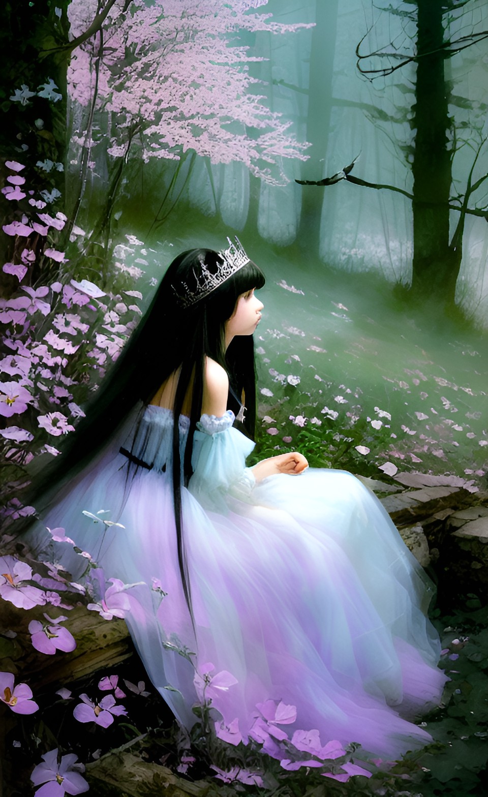 Floral Queen - front viewlong haired princess on the floor of an forest looking at the flowers preview