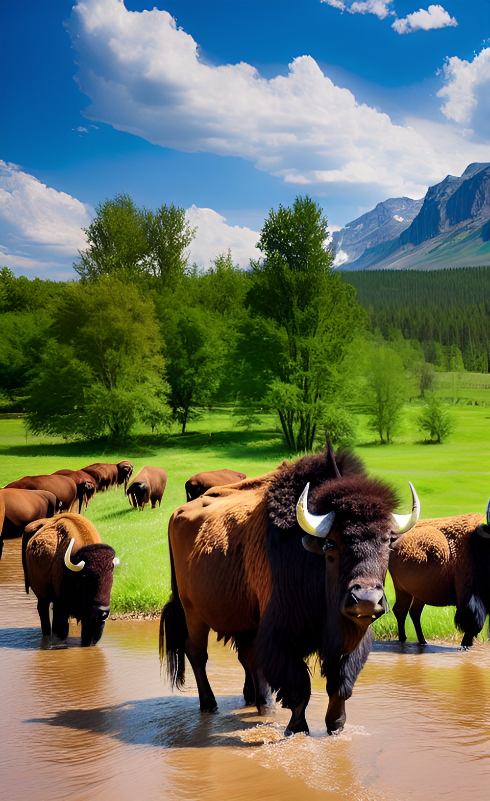 conestoga wagon crossing a river with a herd of bison preview