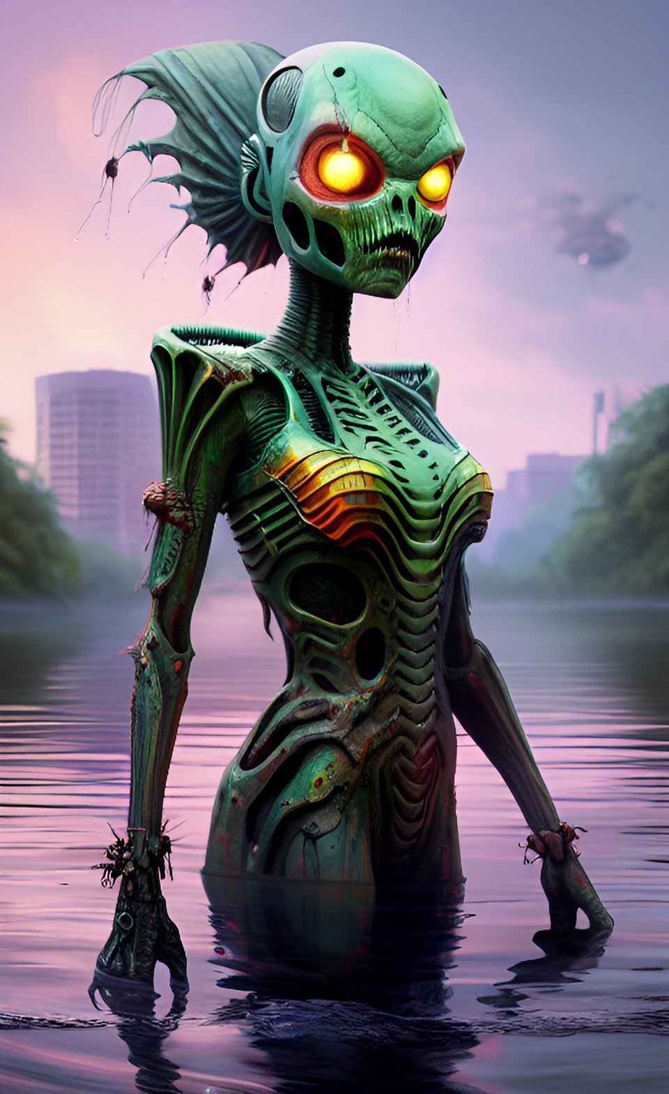 humanoid alien zombie in the river, artgerm, pixar, norman rockwell, up, coco, luca, wlop, intricately detailed concept art, 3d digital art, maya 3d, zbrush central 3d shading, cinematic, reimagined preview