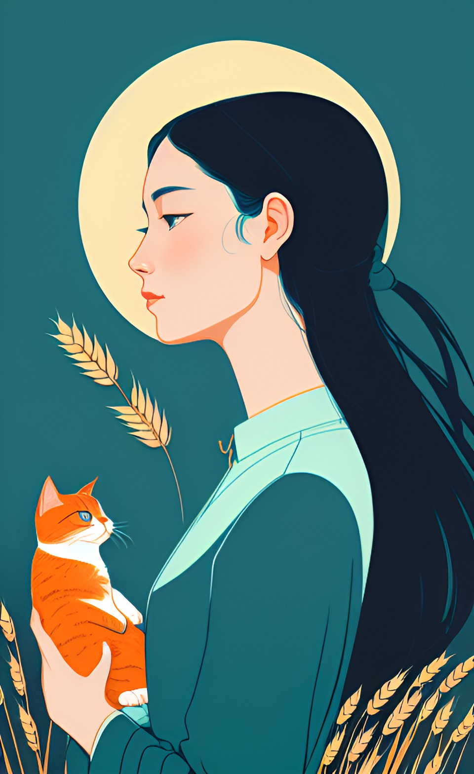 美しい女性の横顔と猫と麦 preview