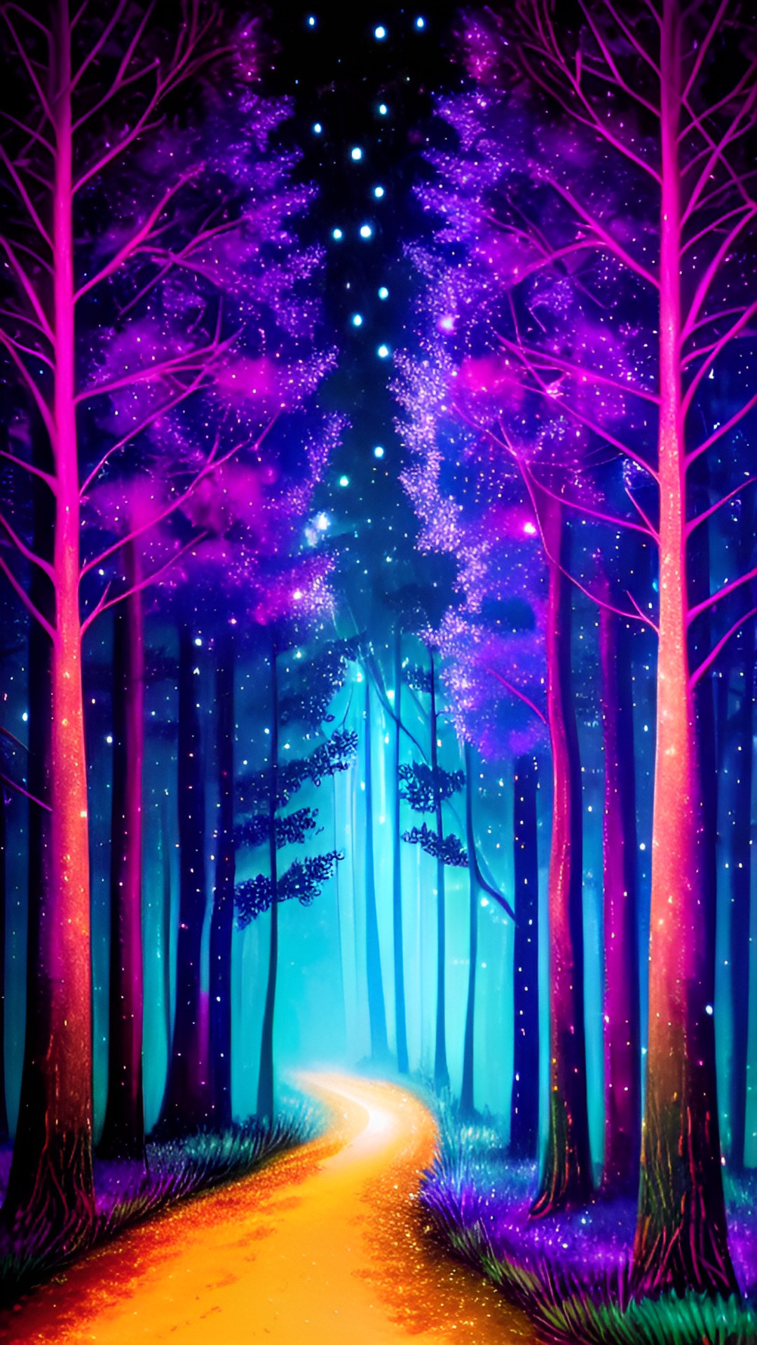 sparkling night time evening fireflies dusk dark forest trees twilight blue purple green preview