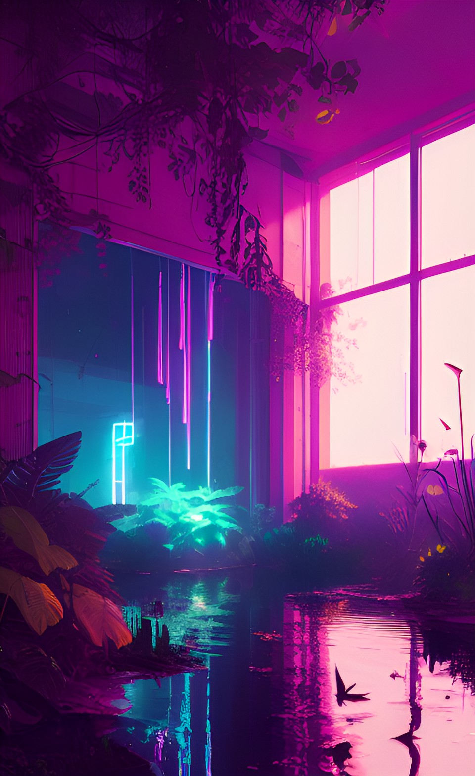 night, dark, pink glowing plants, water, rtx, ray tracing, volumetric lighting preview