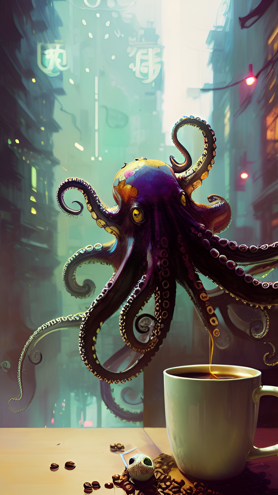 “Sugar and milk?” - an octopus serving cups of coffee preview