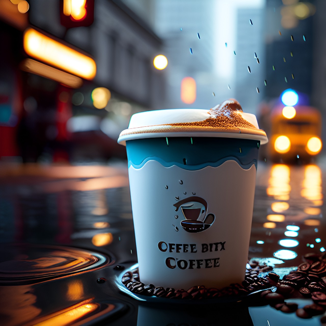 “Offee Bity Coffee!” - cup of coffee in a puddle rain preview