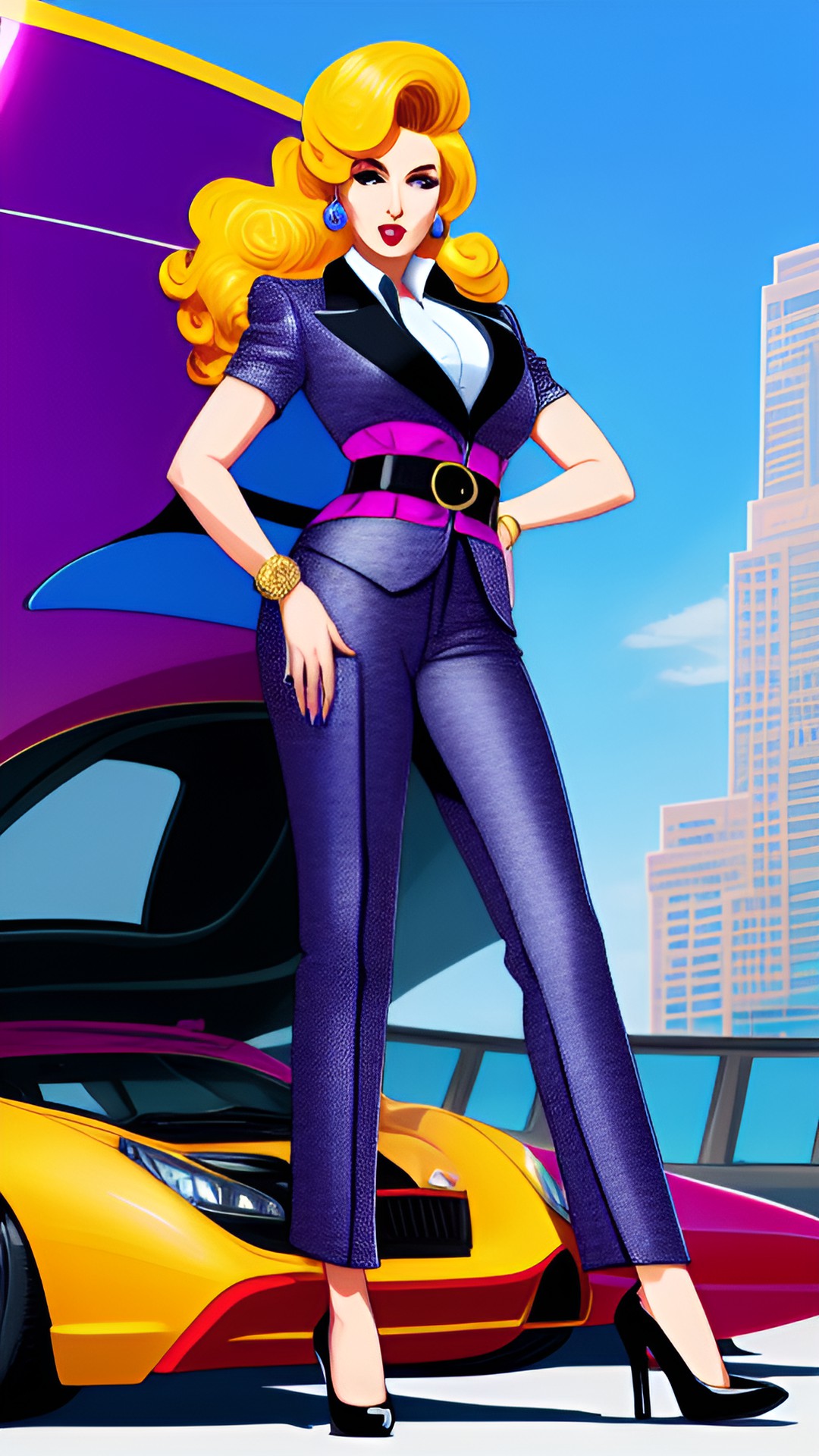 cartoon lady and gorgeous hair and is wearing a shiny pantsuit that has a waist belt and high heels and is the boss preview