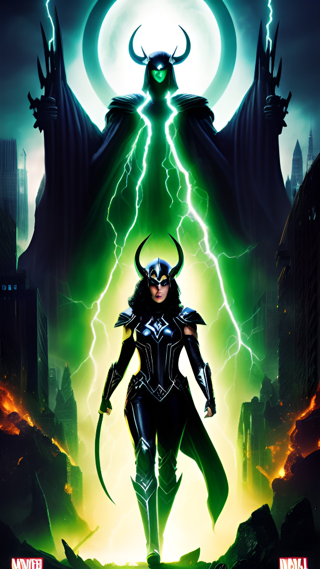 marvels hela movie poster - an electrifying marvel's hela movie poster featuring the goddess of death looming over a fiery underworld, with her black and green armor glinting in the light, and her green preview