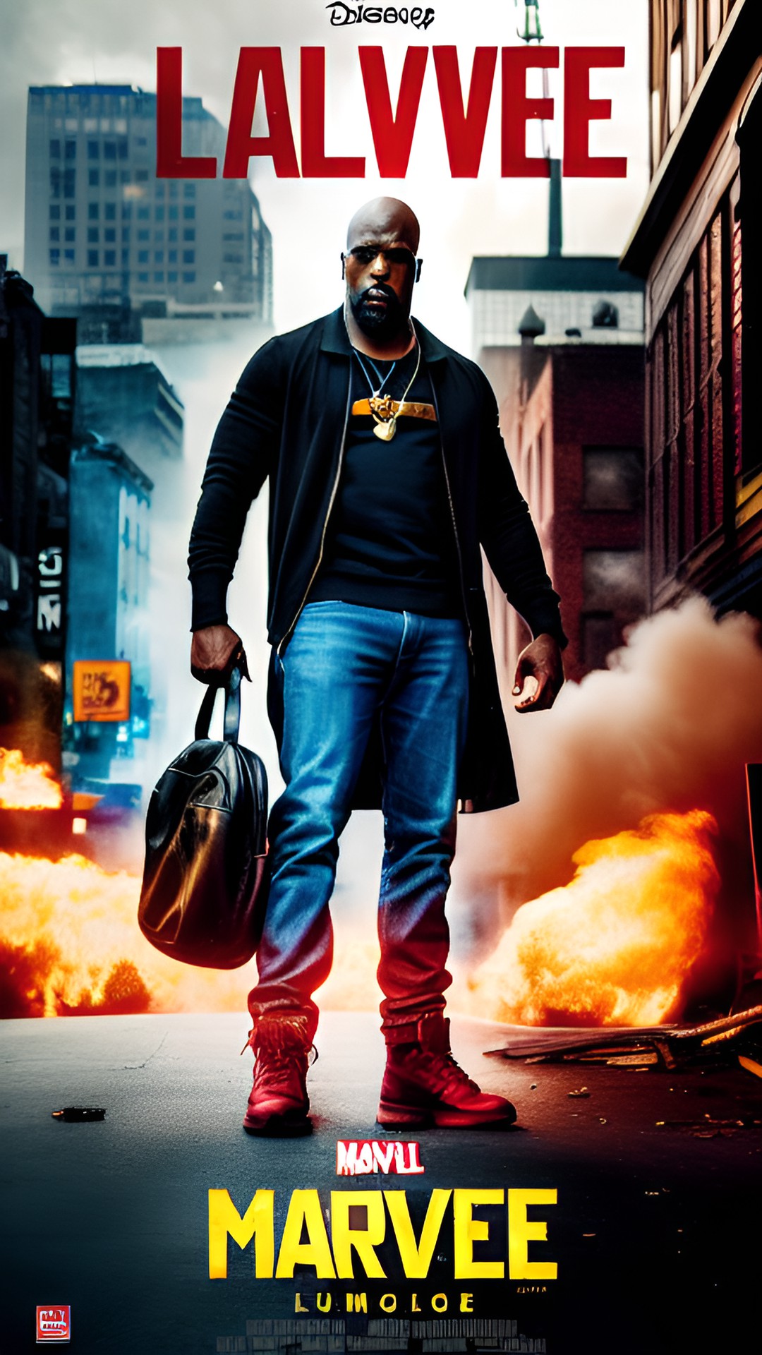 marvels luce cage movie poster - marvel's luke cage crouched in a gritty urban alley, flexing his powerful muscles and glaring defiantly at his enemies. the background is filled with smoke and the preview