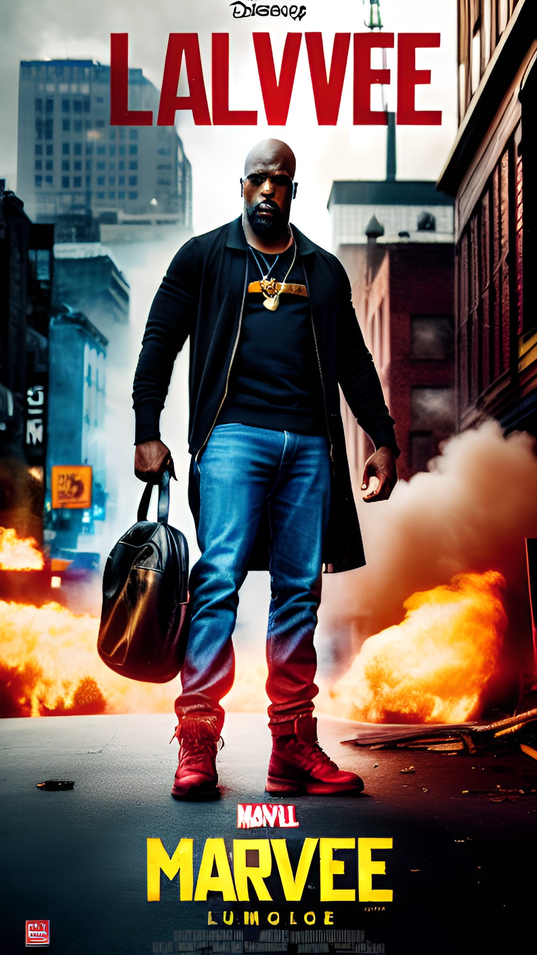 marvels luce cage movie poster  - marvel's luke cage crouched in a gritty urban alley, flexing his powerful muscles and glaring defiantly at his enemies. the background is filled with smoke and the preview