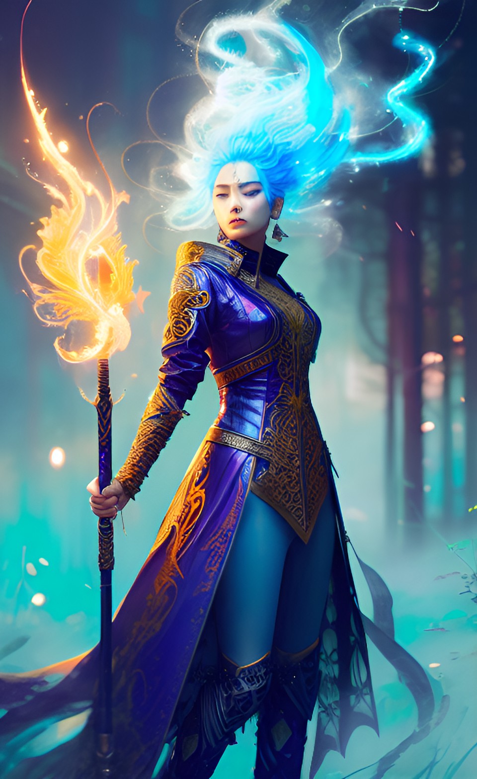 blue lightning goddess with flaming hair, highly detailed, ornate clothing, holding a magic lightning staff preview