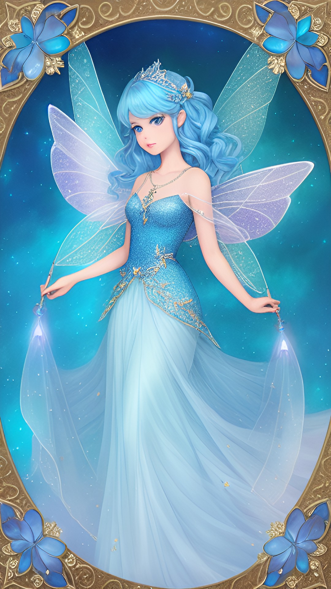 fairy - a delicate blue-skinned fairy with gossamer wings, holding a sparkling wand and surrounded by a gentle swirl of glittering pixie dust." preview