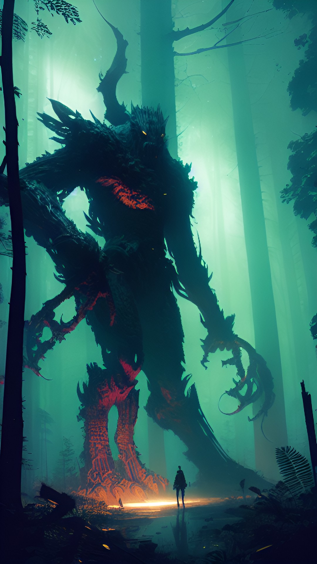 a tall humanoid tree monster in the dark forest preview