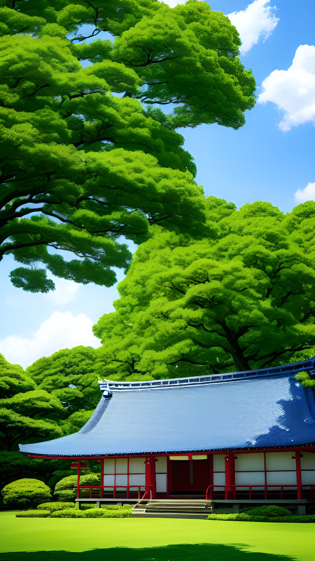 summer,japan house,tree,sky,clouds - japan house surrounded by lush green trees and a clear blue sky dotted with fluffy white clouds. the perfect summer day! preview