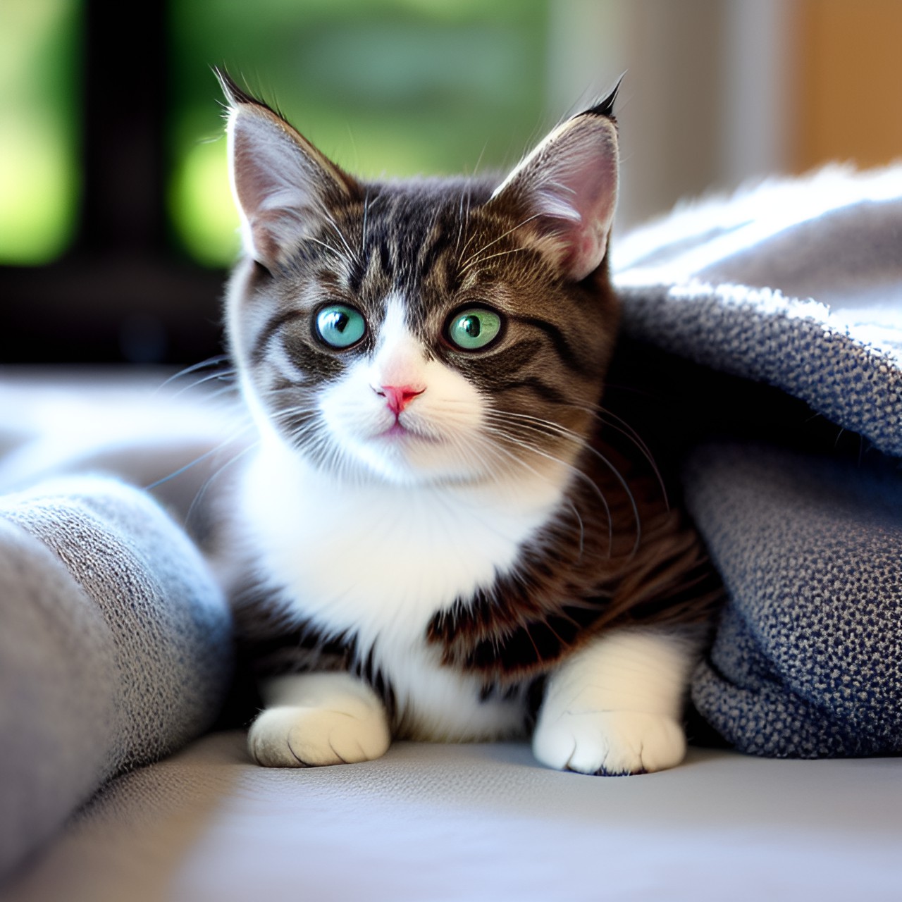 Cat cuteness!!! - a cute cat with fluffy fur  - a cute cat with fluffy fur, cuddled up in a cozy blanket. it's tiny paws and twitching ears make it look even more adorable.and the cat is a greyish black tabby cat preview