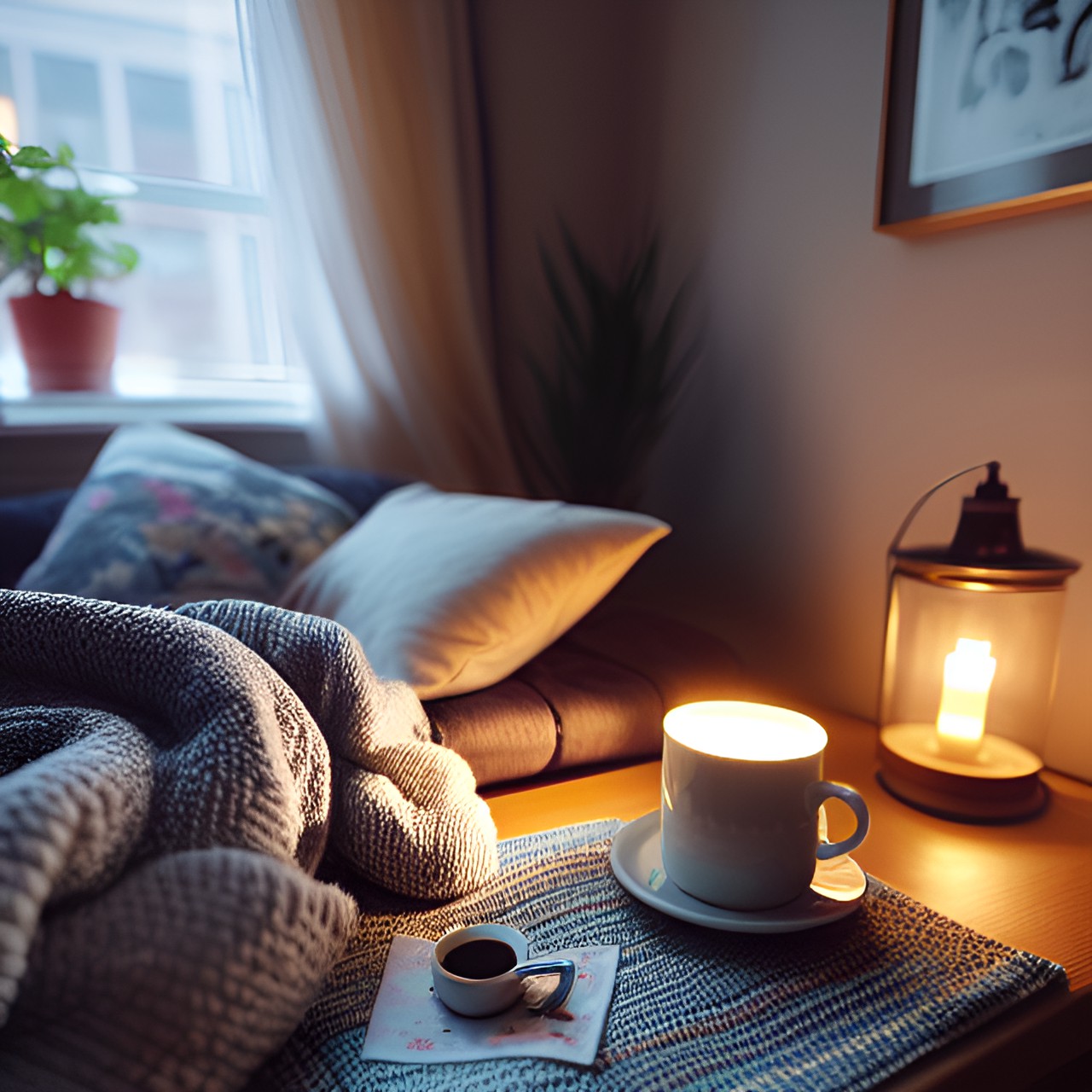 Magical Tea - lofi - a cozy lofi scene in a dimly lit bedroom, complete with a record player, flickering candle, and a steaming cup of tea on a cluttered nightstand." preview