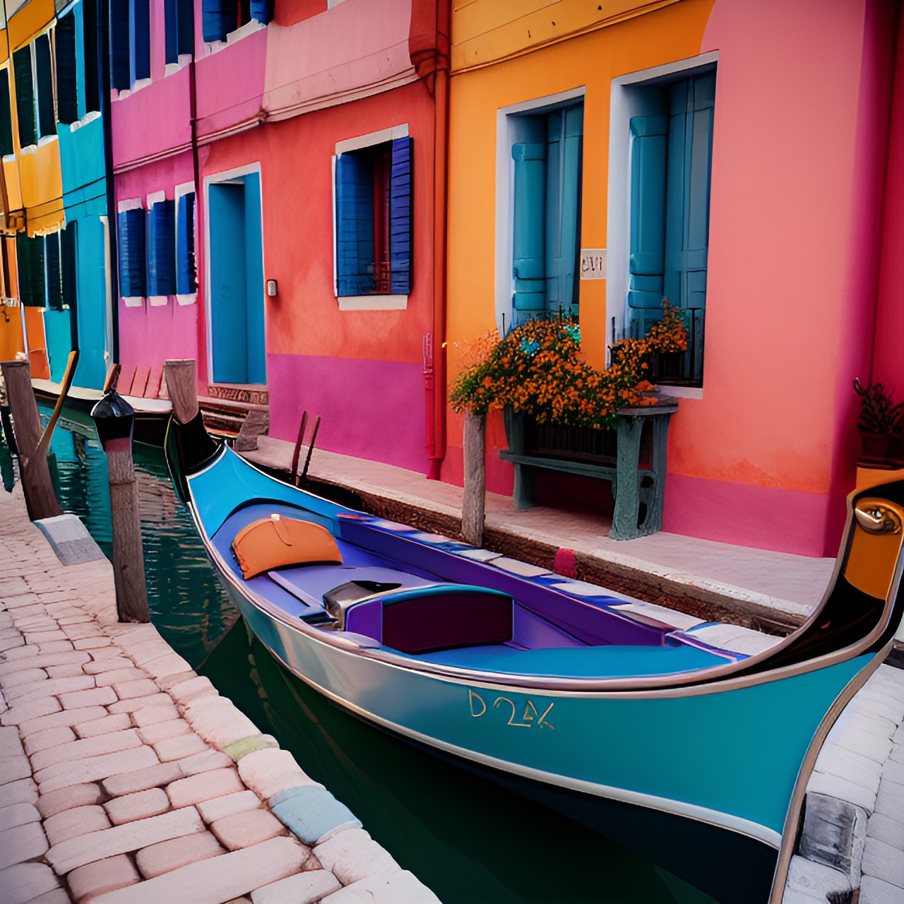 cat sleeping on gondola, burano , pastel colors, laguna, preview