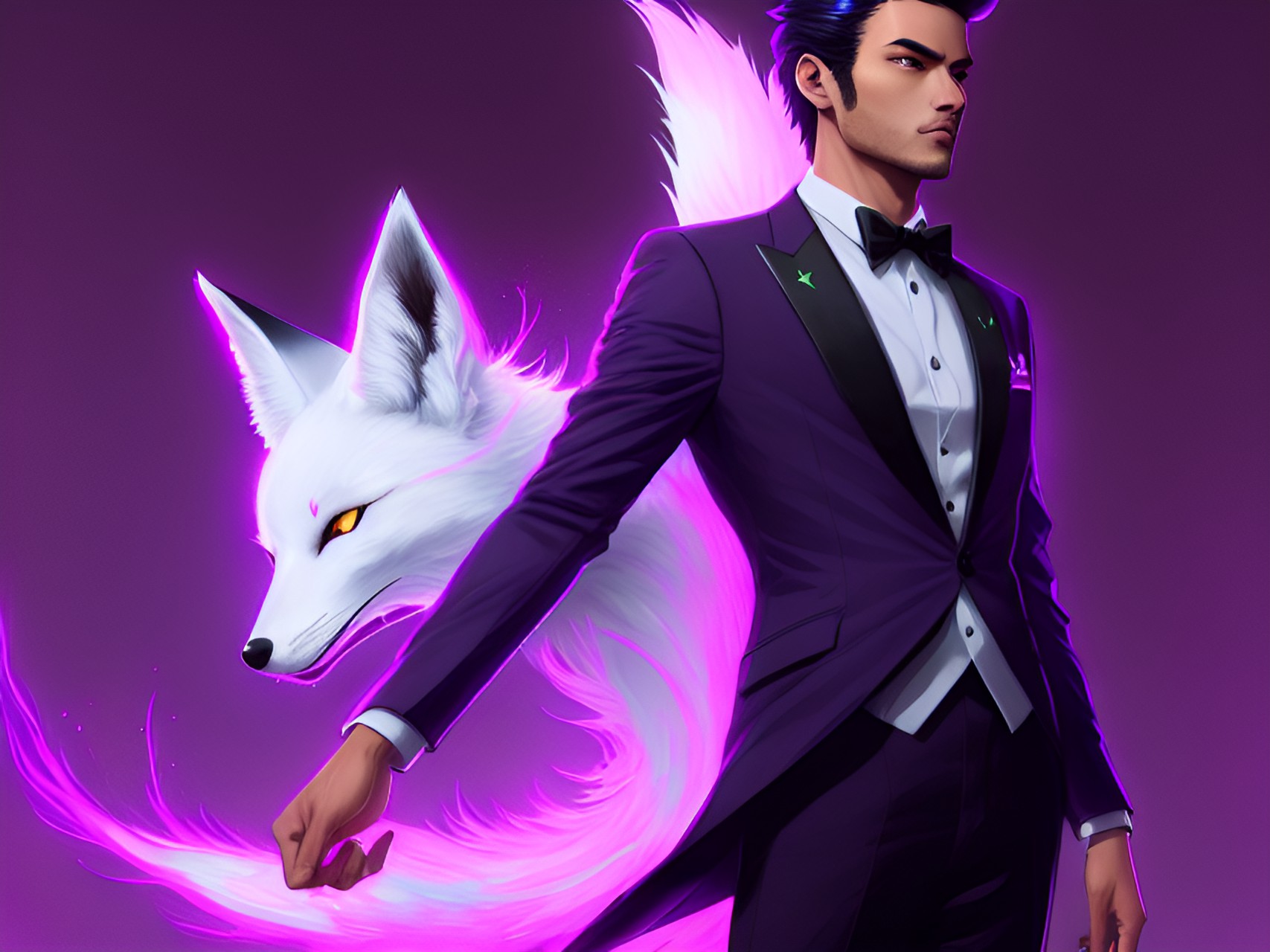 We are All One - male kitsune fox daemon love spirit tall and handsome slender build codpiece and sleek black purple suit with 4k high def neon glow south african vapor wave environment preview