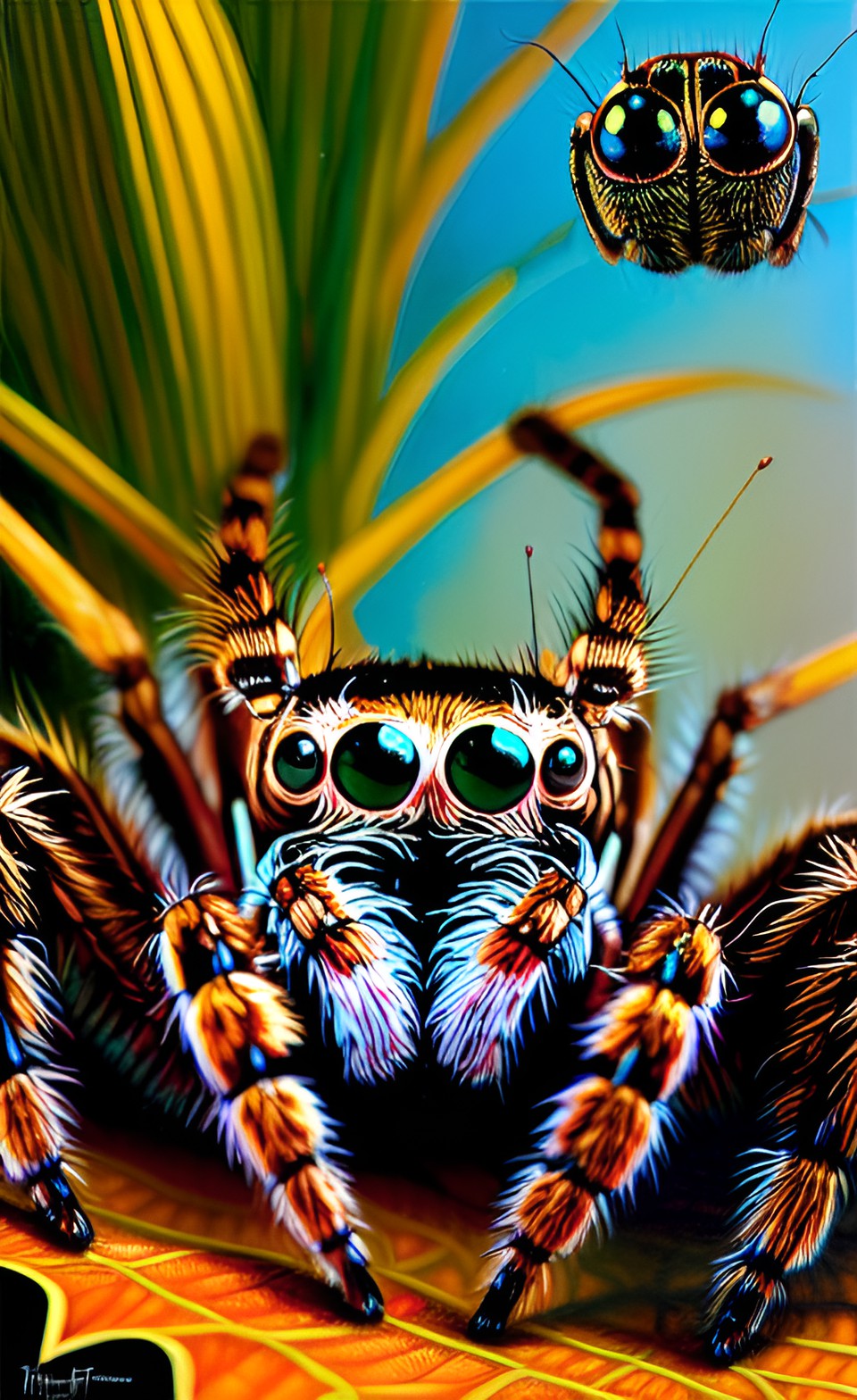 a jumping spider sitting on a leaf and looking at the camera, in the style of dark brown and gray, george lucas, preview